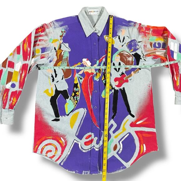 Vintage Kolorway USA Hand Painted Womens Shirt Medium All Over Print Jazz Art - Picture 7 of 7